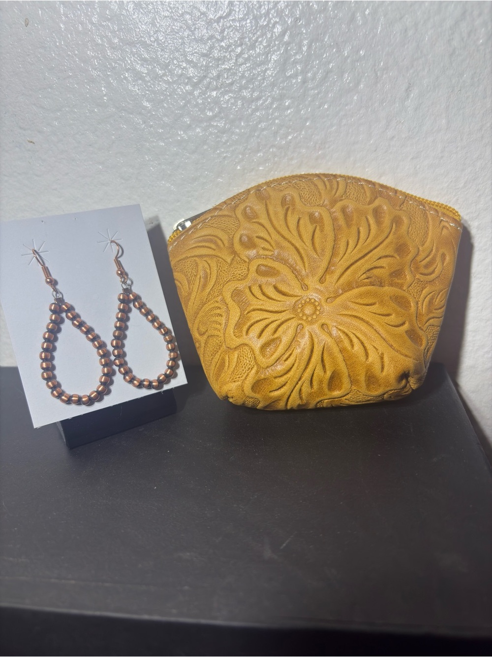 Embossed Floral Leather Coin Purse And Copper Navajo Pearls Dangle